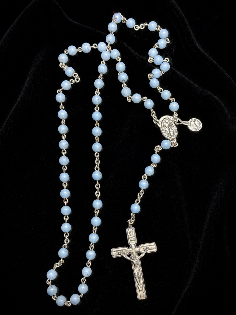 Vintage Italy Extra Strong Blue Bead Catholic Rosary Our Lady of Fatima Crucifix